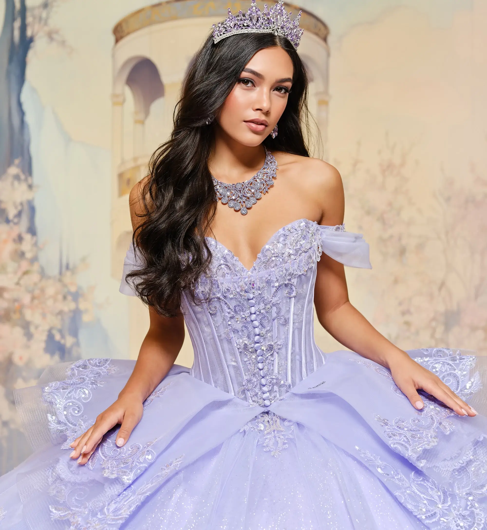 model is wearing a light purple quince gown