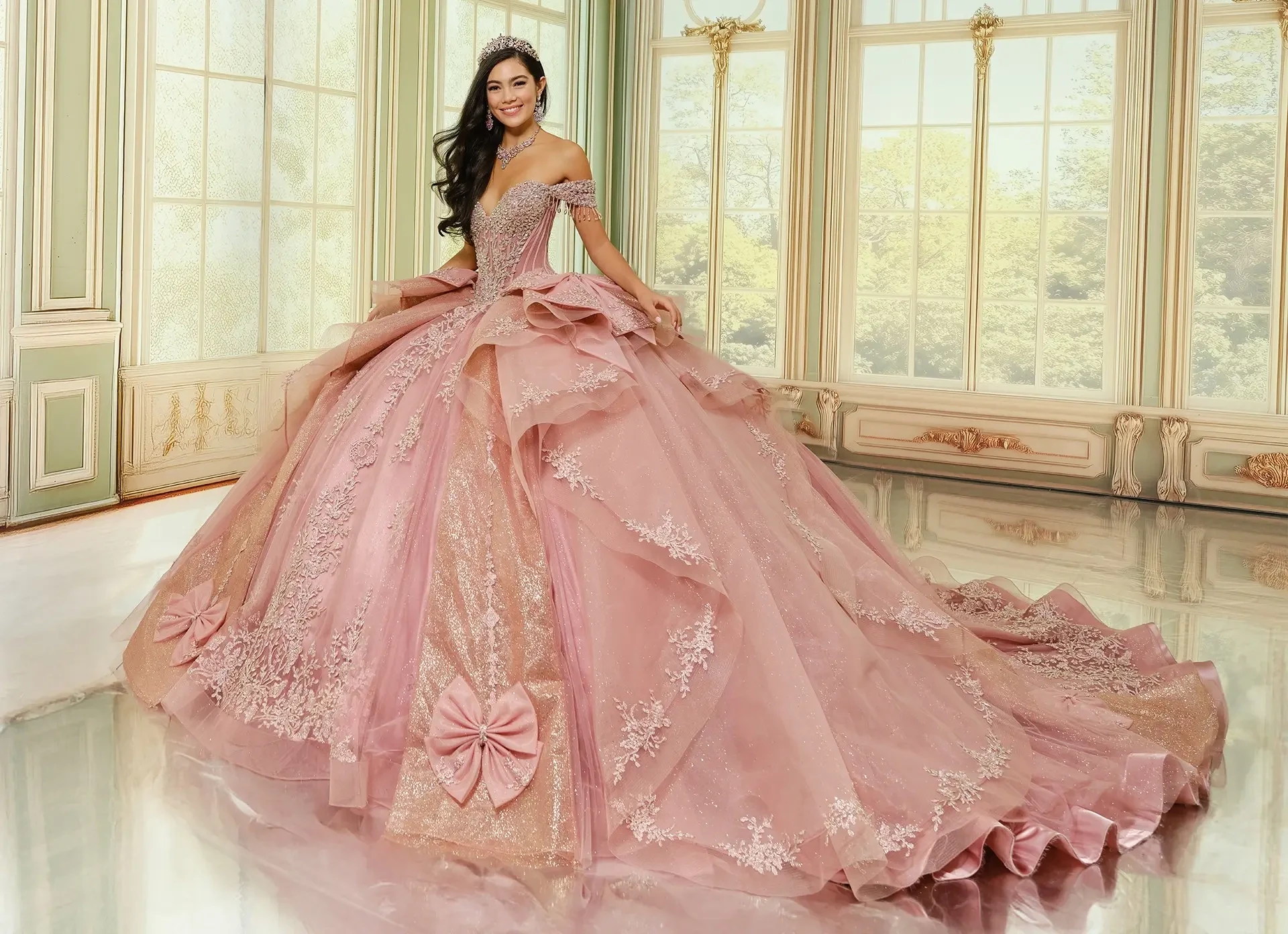 Model in blush pink quinceanera dress by Princesa by Ariana Vara