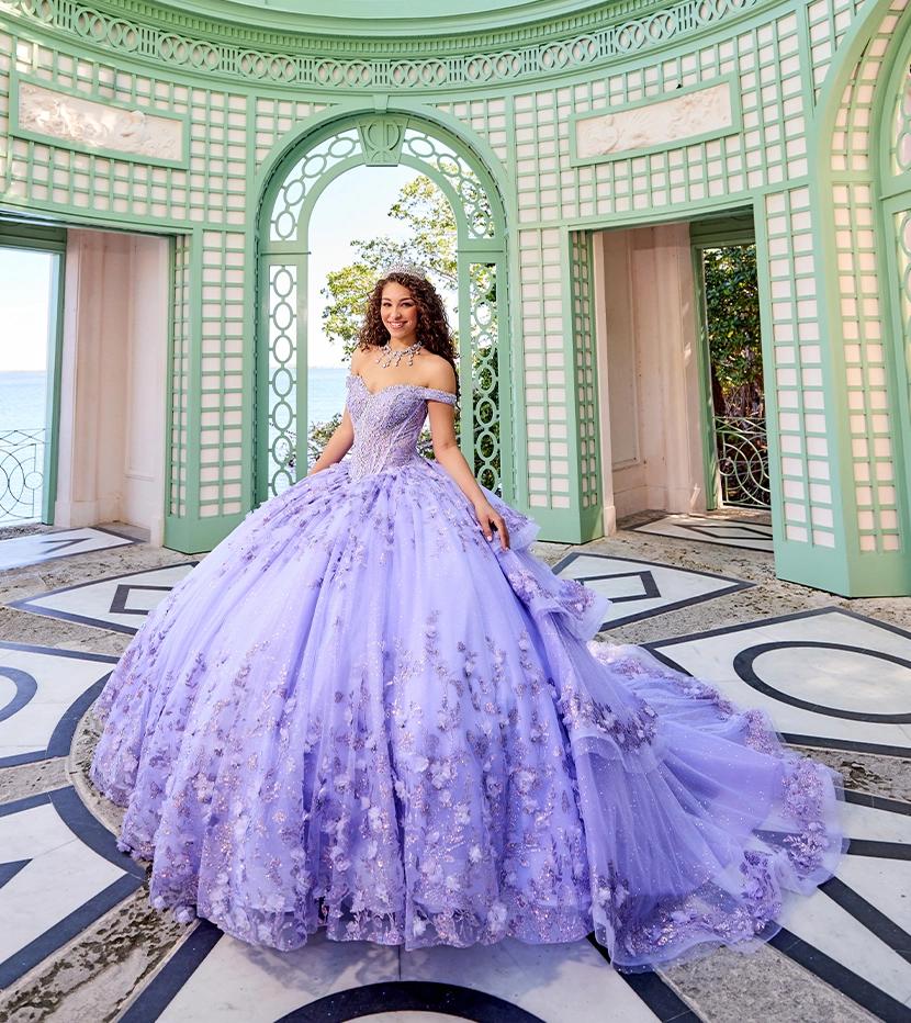 Model wearing a quinceanera dress by Princesa by Ariana Vara