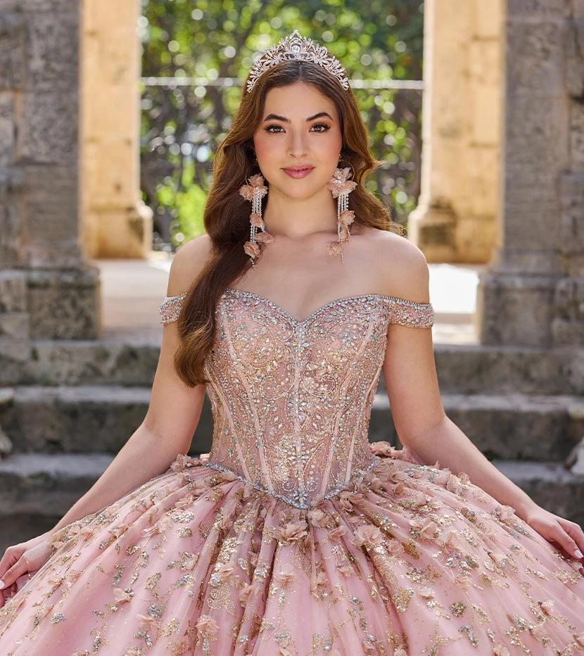 Model wearing a lilac evening dress