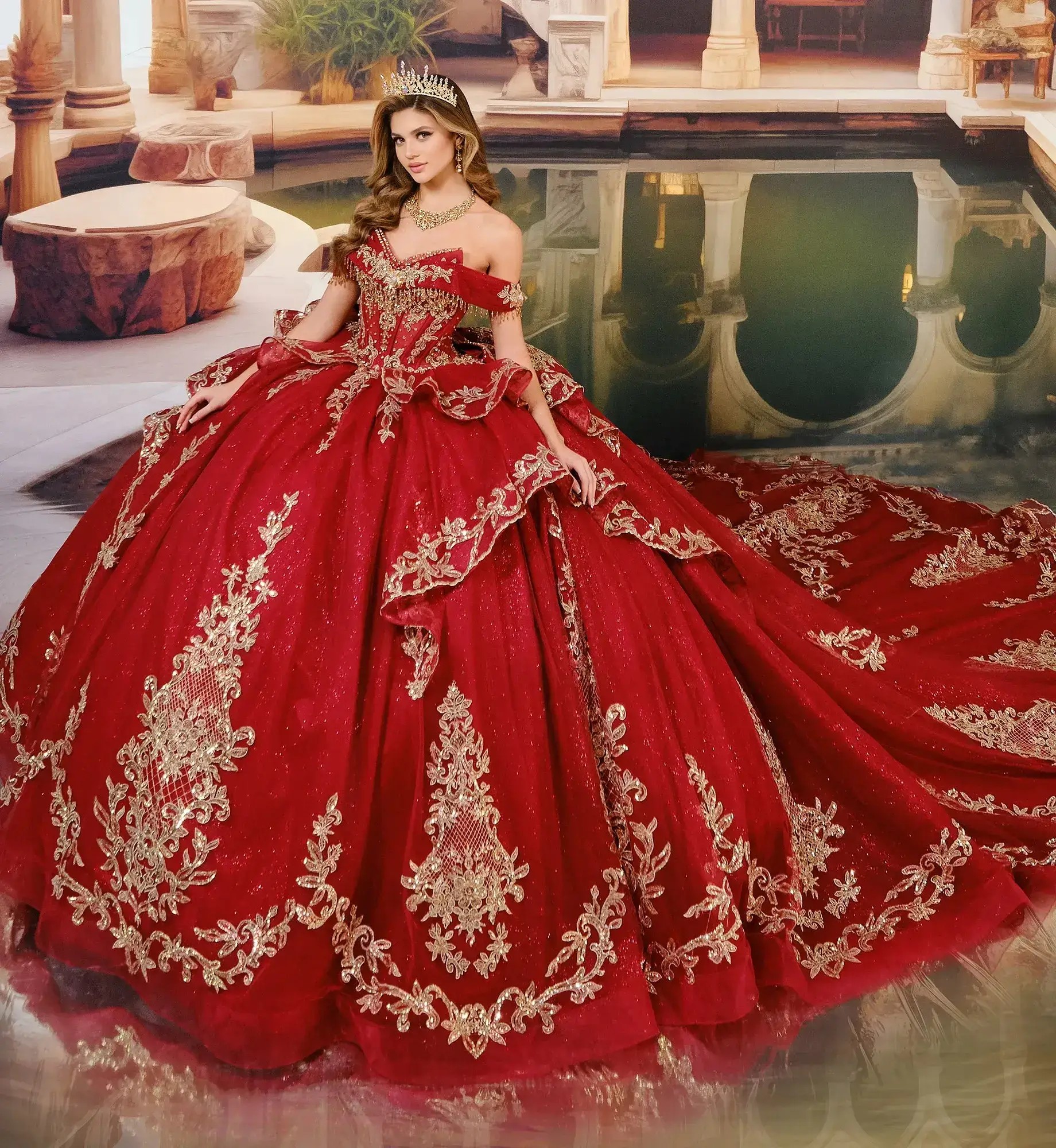 La modelo lleva un vestido de quinceañera rojo real con escote caído sobre los hombros