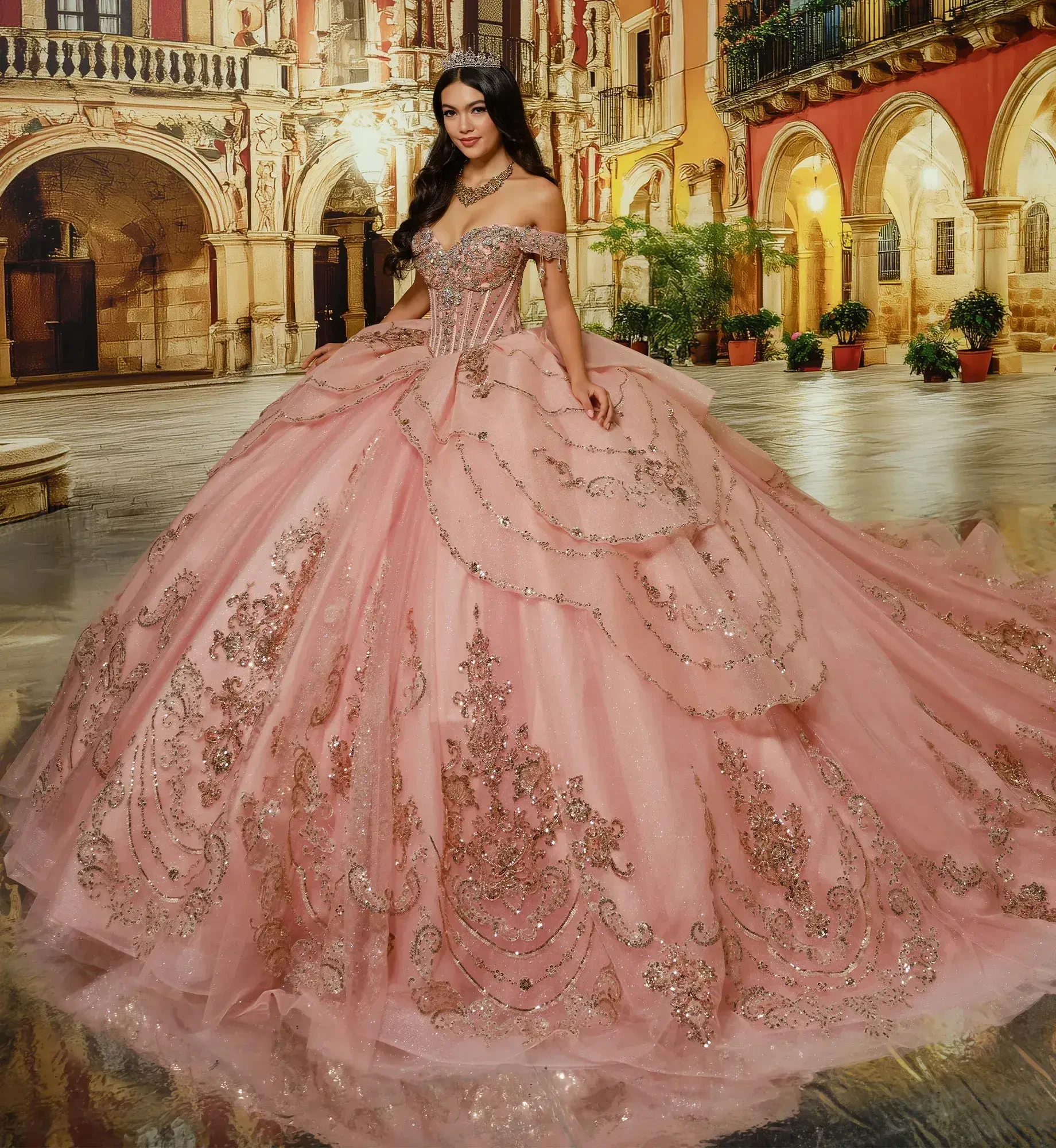 Una mujer con un lujoso vestido de gala rosa con intrincados adornos se yergue en un patio ornamentado. La elegante escena transmite romance y grandeza.