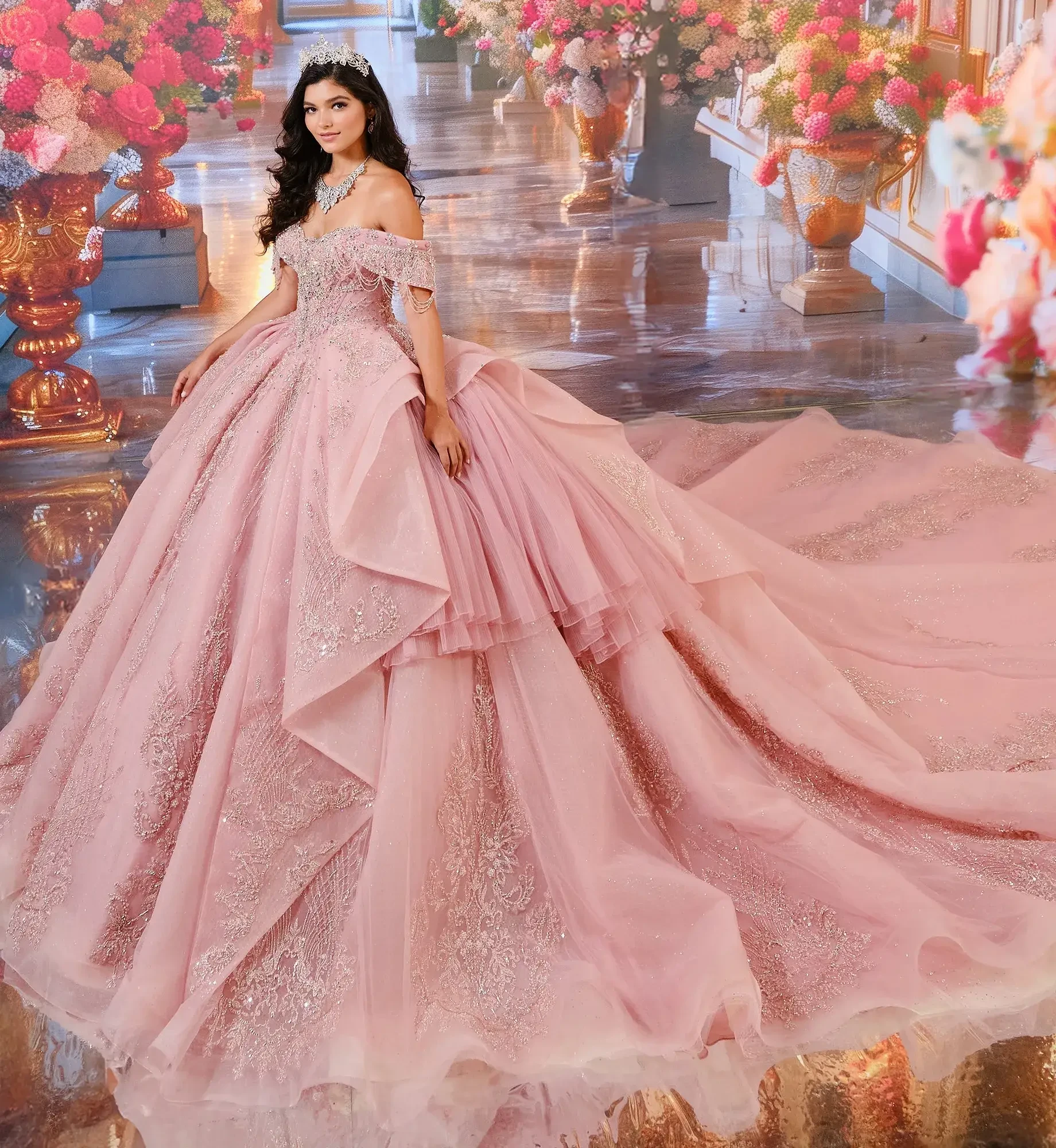 La modelo lleva un vestido de quince rosa empolvado con hombros descubiertos.